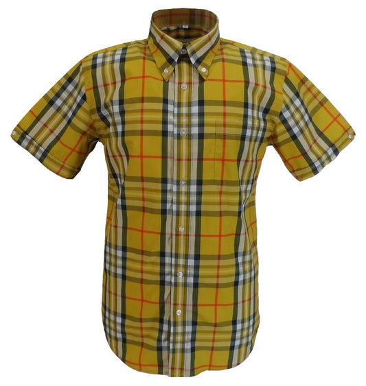 قمصان Mazeys الرجالية ذات المربعات الخردلية المصنوعة من القطن بنسبة 100% بأكمام قصيرة