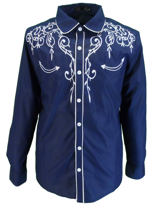Mazeys Camisas Vintage/Retro De Vaquero Occidental Azul Marino Para Hombre