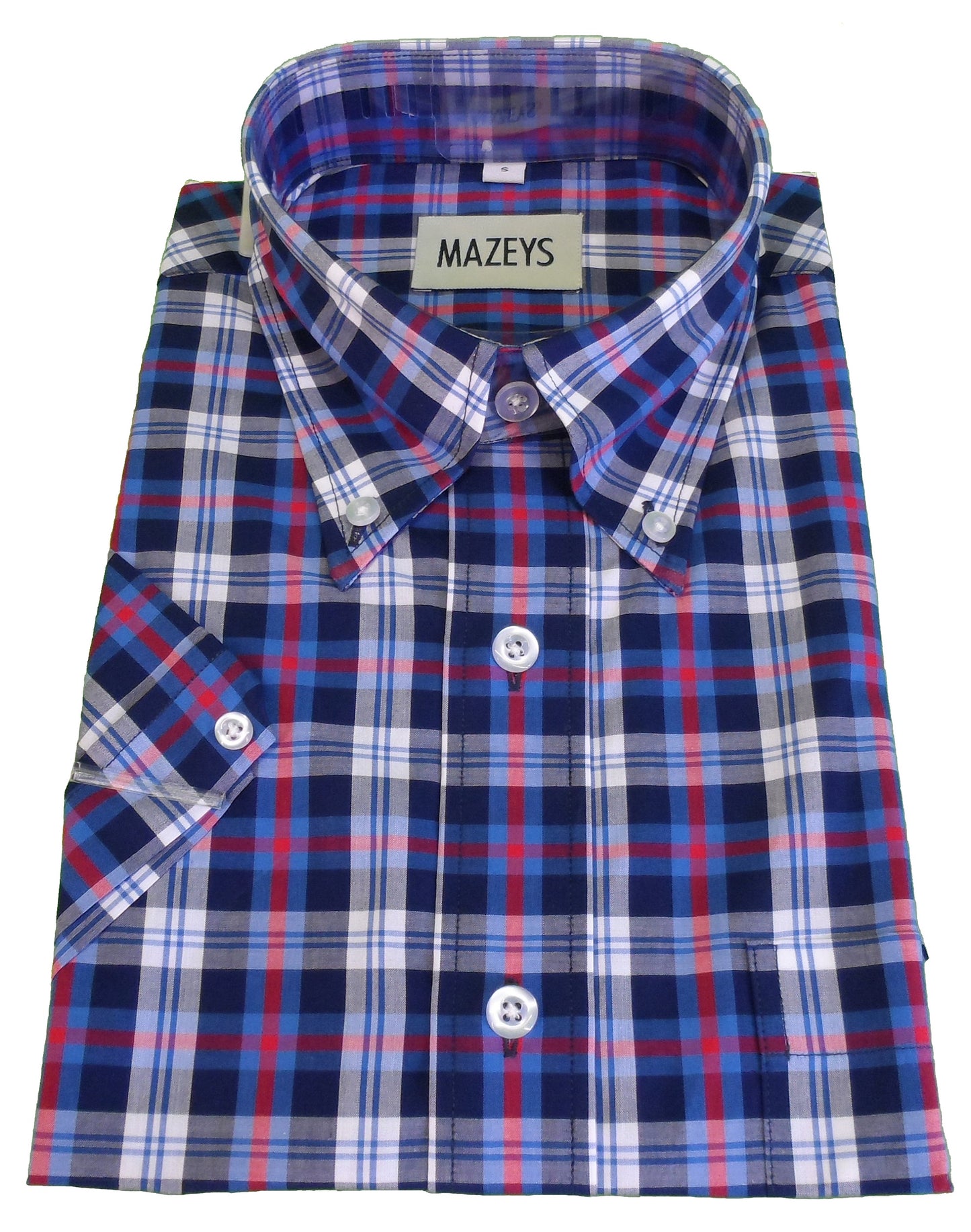 Mazeysメンズ ブルー/ホワイト/レッド 綿 100% 半袖シャツ