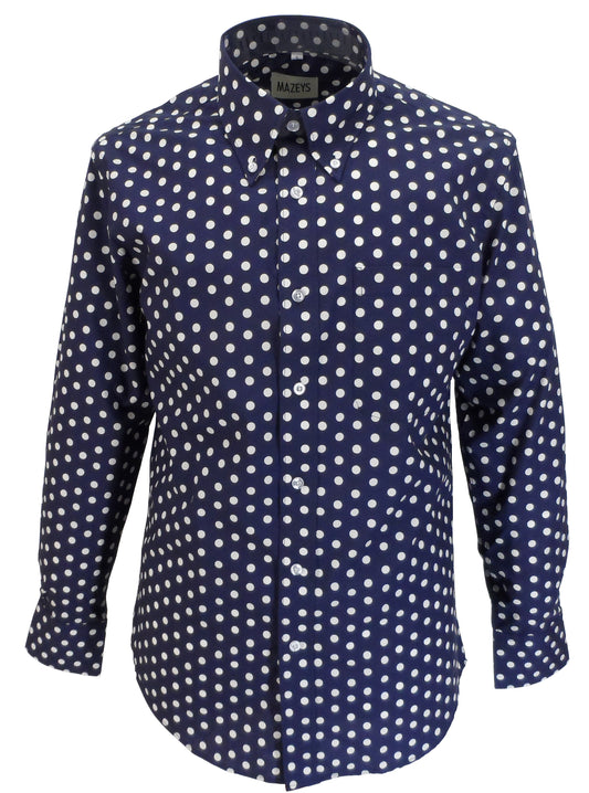 Mazeys Mens Navy White Retro Mod Polka Dot 100% Cotton Shirts…