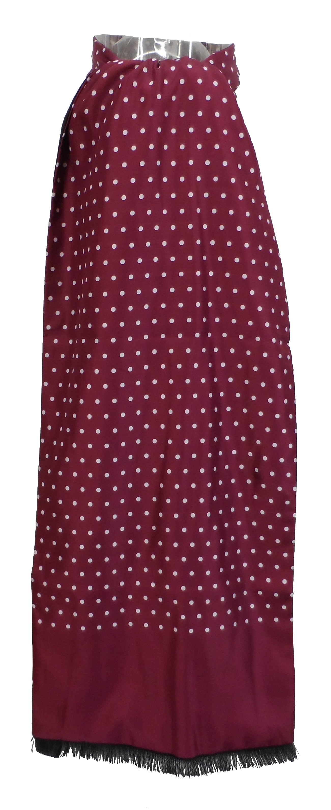 Mazeys Classic Retro Mod Mod Tassled Scarf Burgundy Polka Dot