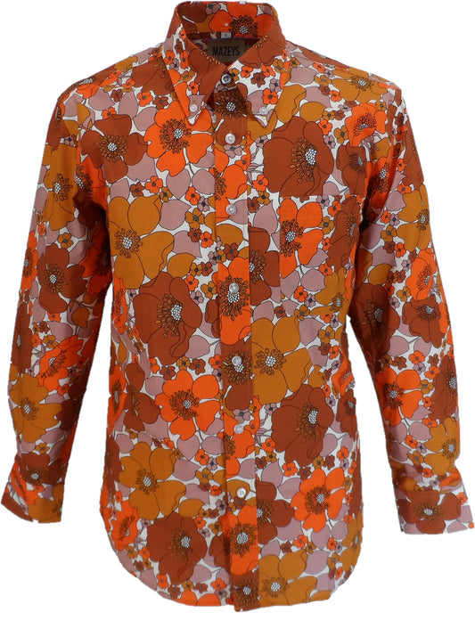 Camisa floral psicodélica marrón y cobre de los años 70 para hombre