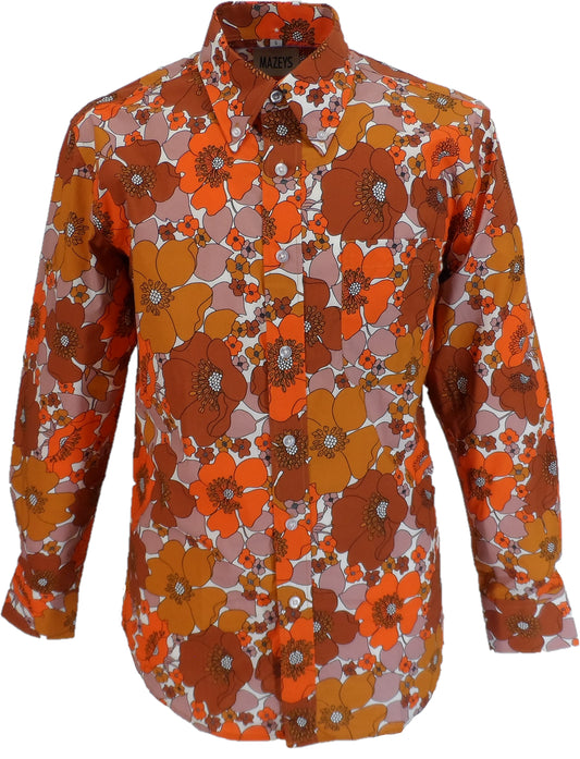 Chemise florale psychédélique en cuivre et marron des années 70 pour hommes