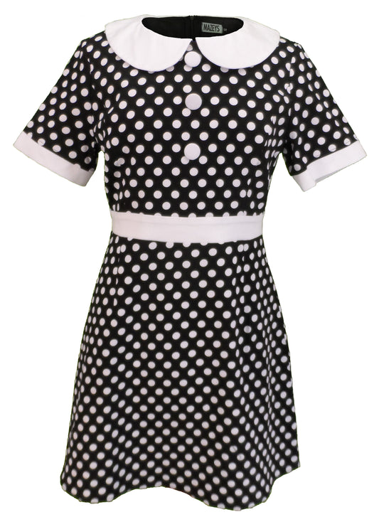 Robe rétro mod vintage à pois noir et blanc pour femme des années 60