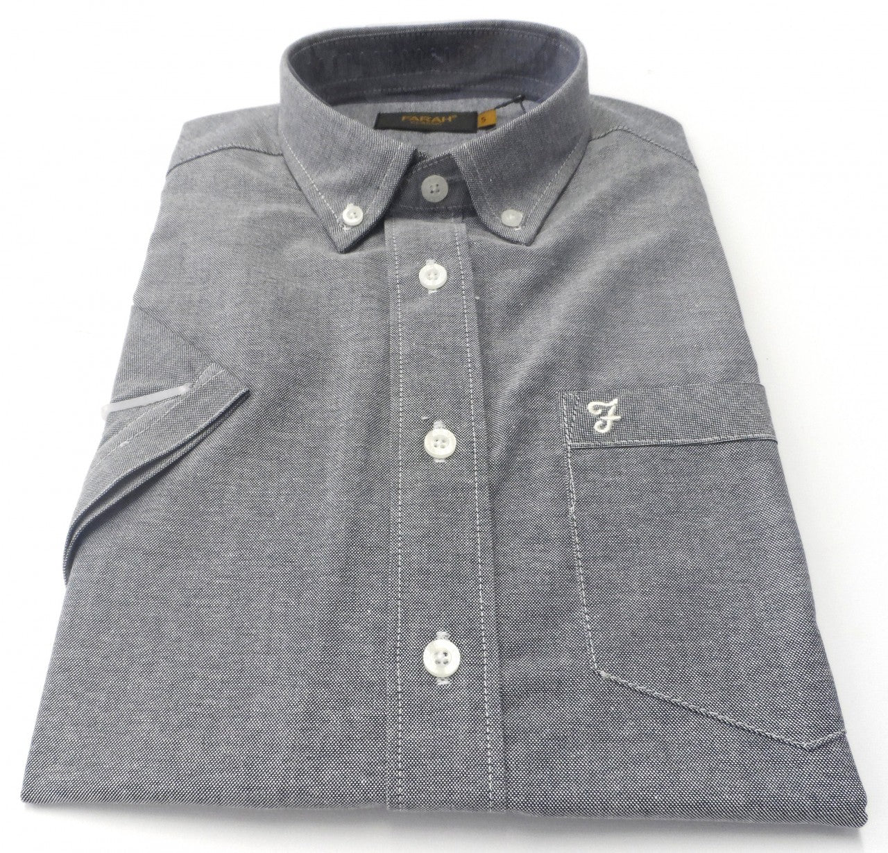 Farah marineblå oxford-bomulds-kortærmede retro-mod button down-skjorter