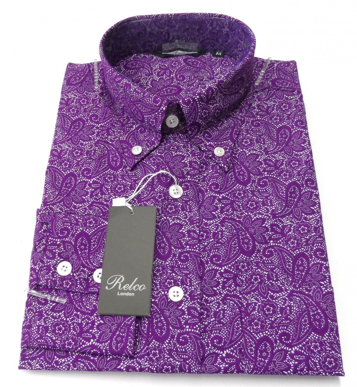 Purple Paisley Shirt - Relco Long Sleeved Retro Mod Button Down