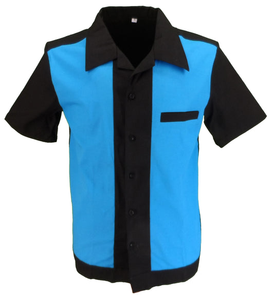 Mazeys Bowling Shirts rockabilly retro negro/azul de los años 50 para hombre