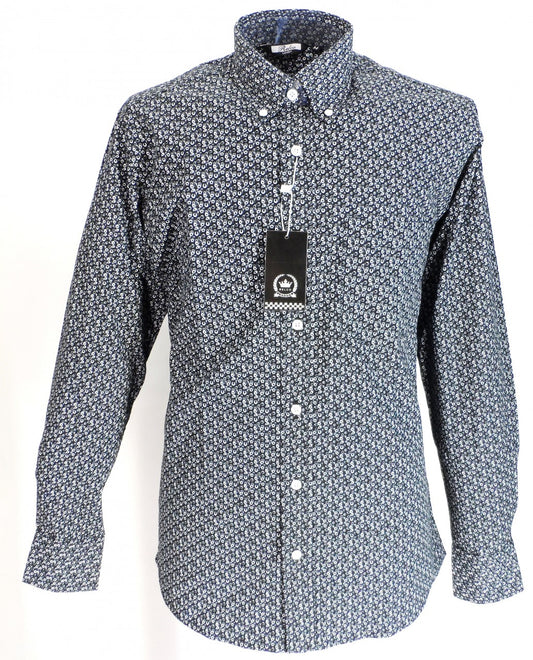 Relco langärmelige Retro-Mod-Button-Down-Hemden aus Baumwolle mit schwarzem/grauem Aufdruck