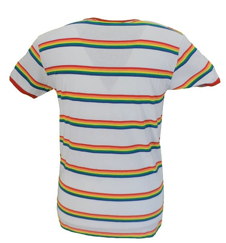 Run & Fly Mens White Retro Mod 60s Indie Multi Rainbow Striped Cotton T Shirt