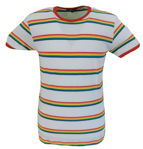 Run & Fly Herren-T-Shirt aus weißer Baumwolle im Retro-Mod-Stil der 60er Jahre mit mehreren Regenbogenstreifen