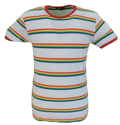 Run & Fly Mens White Retro Mod 60s Indie Multi Rainbow Striped Cotton T Shirt