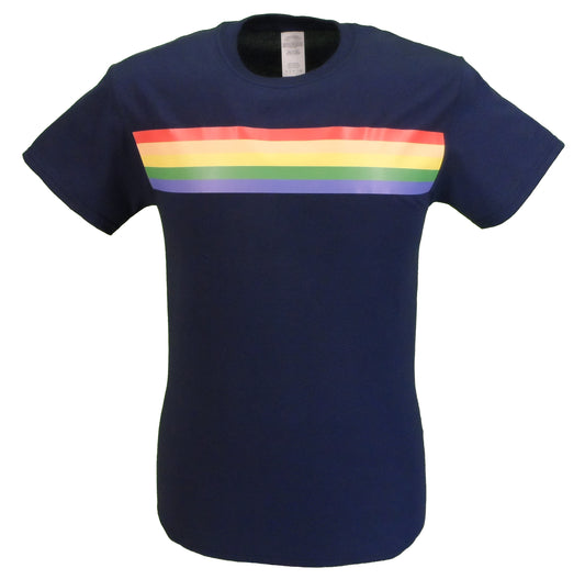 Mazeys Mens Navy Retro Mod 60s Indie Rainbow Striped Cotton T-Shirt