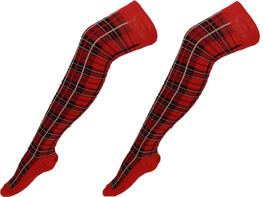 Damen-Overknee- Socks im 2er-Pack mit rotem Schottenmuster