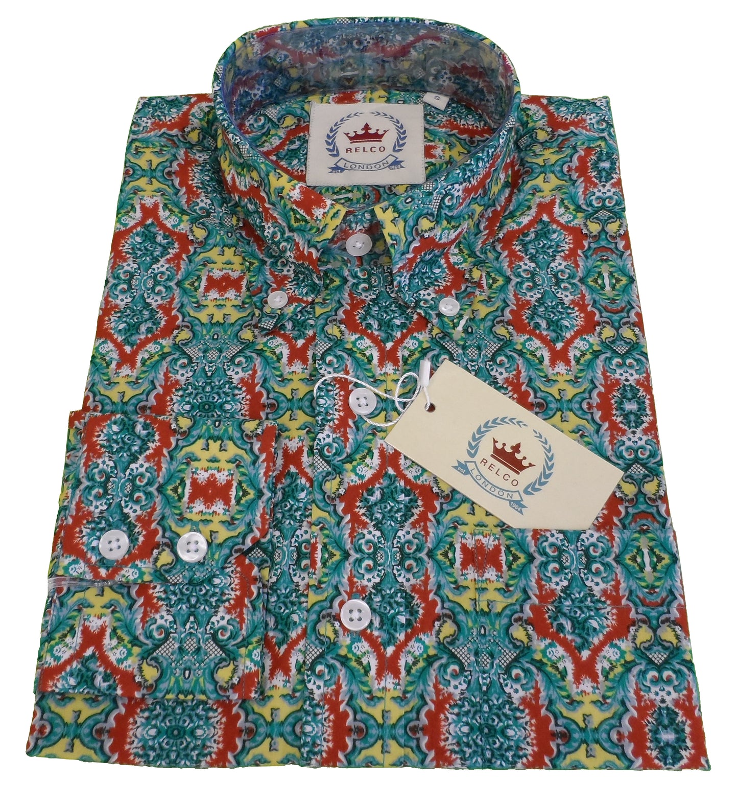 Relco grüne Button-Down-Hemden mit Retro-Psychedelic-Muster für Herren