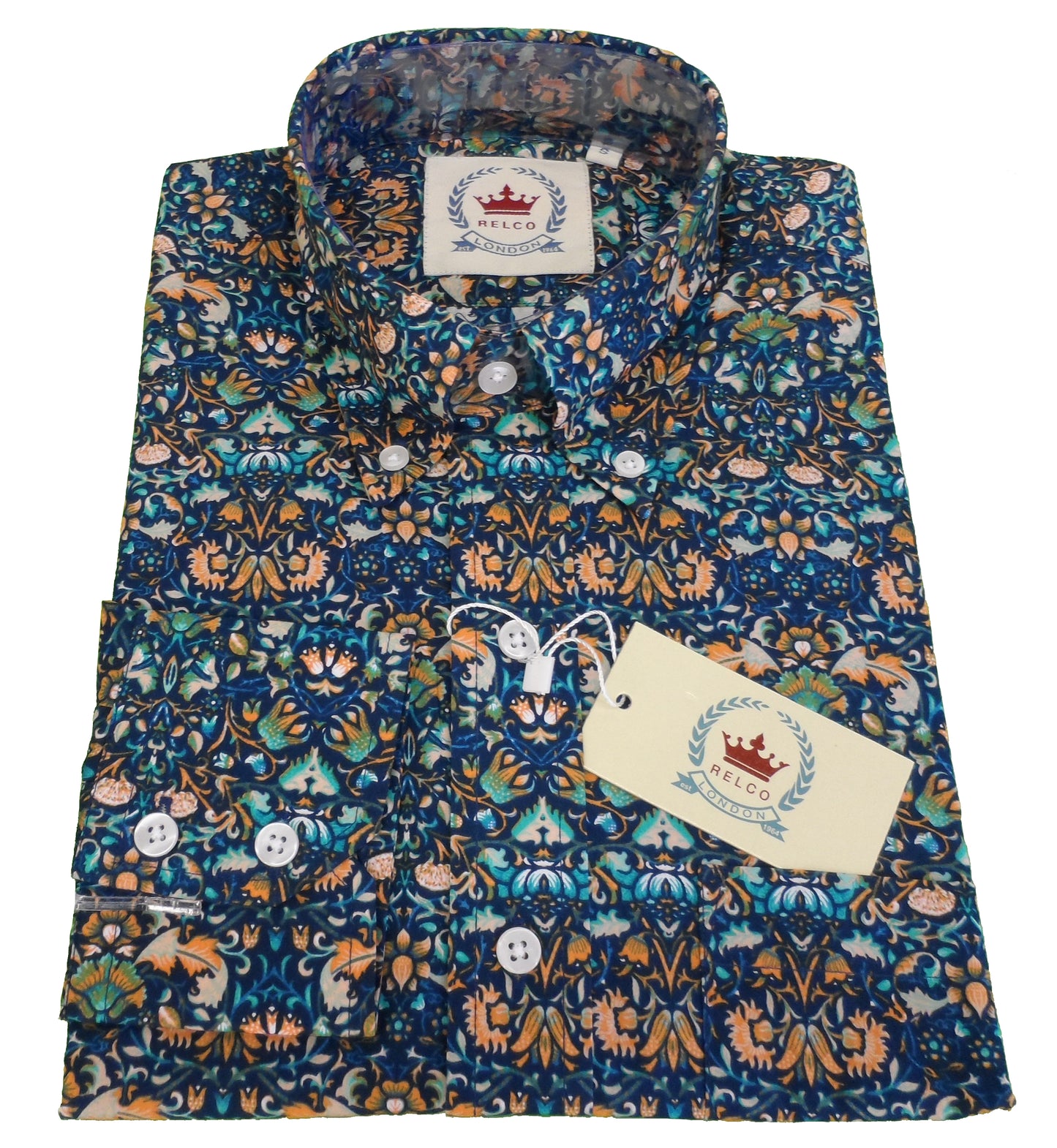 Relco Mens Blue Retro Floral Button Down Shirts