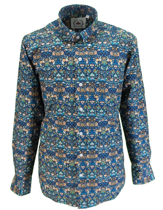 Camisas con botones florales retro azules para hombre Relco