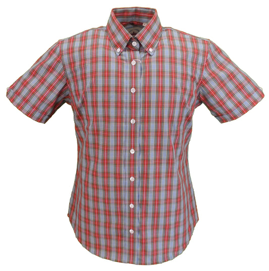 Relco Ladies Blue & Burgundy Checked Button Down Short Sleeved Shirts