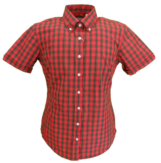 قمصان Relco ريترو ترتان حمراء للسيدات بأكمام قصيرة وأزرار سفلية