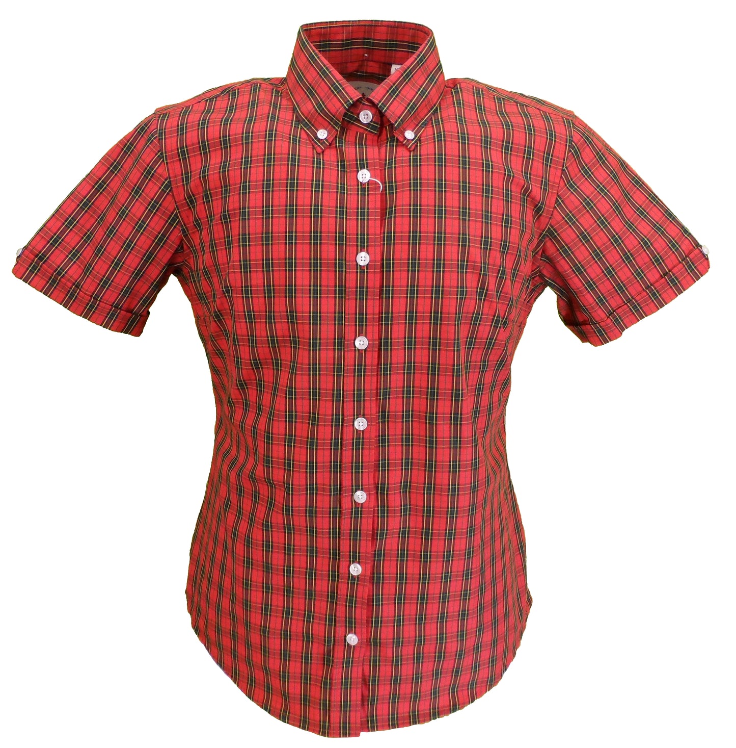 Relco Retro-Hemden mit kurzen Ärmeln und rotem Schottenmuster für Damen mit Knopfleiste