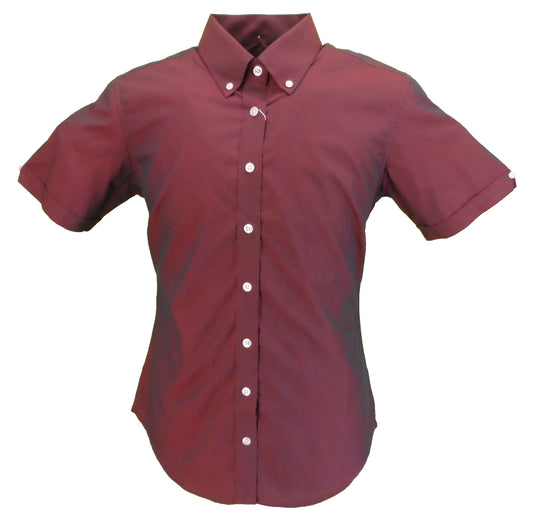 Relco Damen-Hemden mit kurzen Ärmeln und burgunderrotem, schwarzem Tonic-Knöpfenmuster