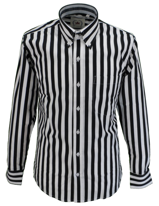 Camisas con botones mod retro de manga larga de algodón a rayas blancas y negras Relco