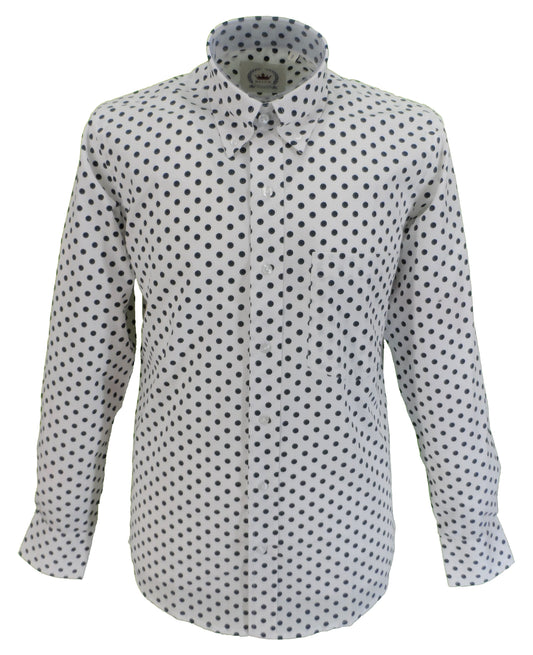 Relco White/Navy Polka Dot Cotton Long Sleeved Retro Mod Button Down Shirts