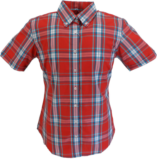 قمصان نسائية ذات مربعات حمراء كلاسيكية Relco بأكمام قصيرة وأزرار سفلية