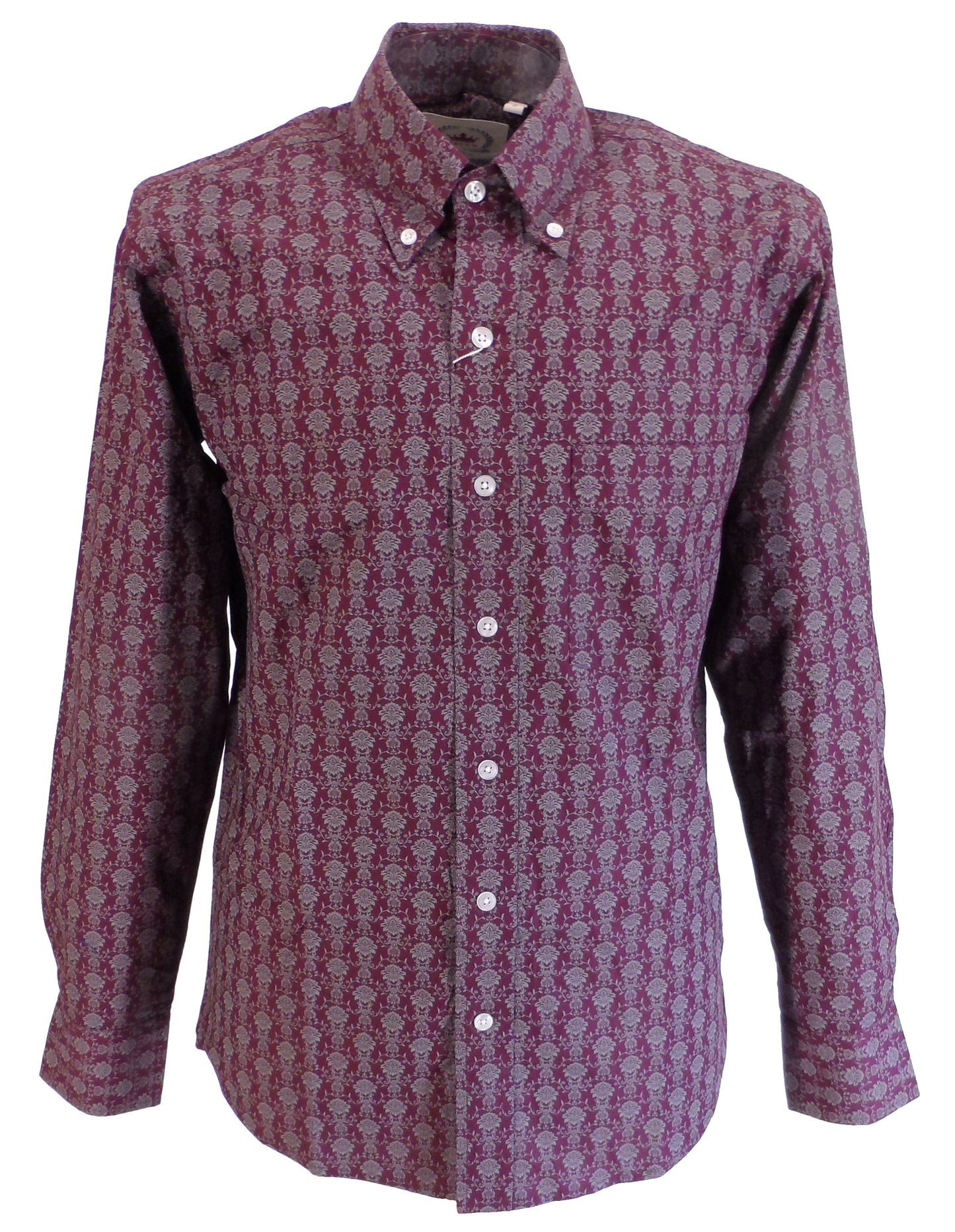 Camisas con botones florales retro burdeos para hombre Relco