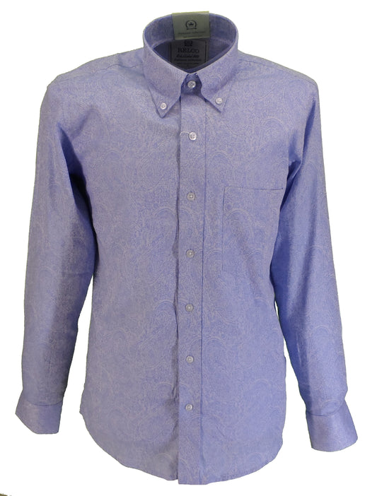 Camicia a maniche lunghe in cotone paisley blu da uomo Relco Platinum