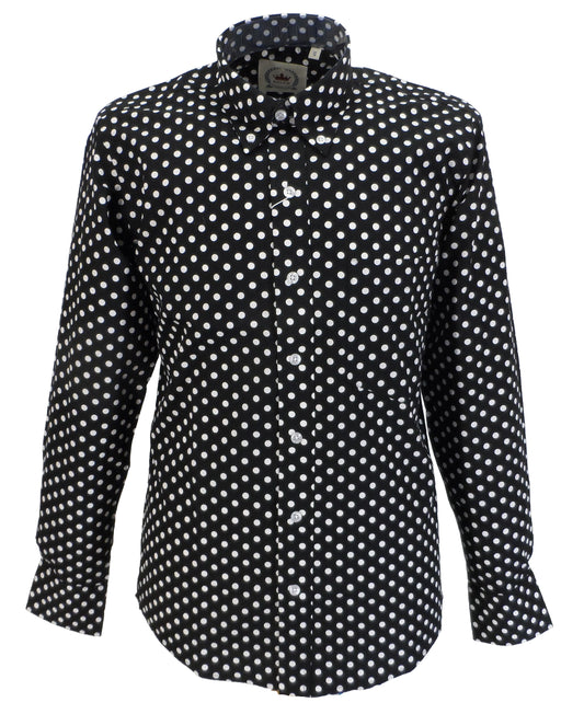 Relco schwarz/weiß gepunktete, langärmelige Retro-Mod-Button-Down-Hemden aus Baumwolle