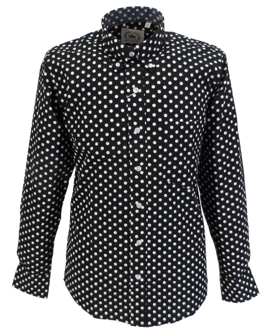 Relco Black/White Polka Dot Cotton Long Sleeved Retro Mod Button Down Shirts