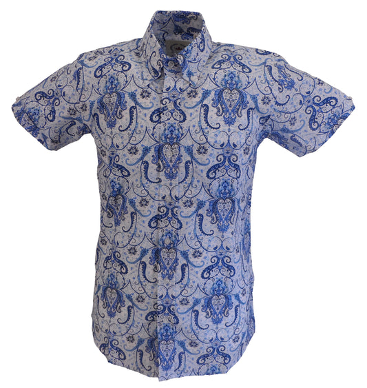 Relco Herre Blå Paisley Kortærmet Retro Mod Button Down Skjorte