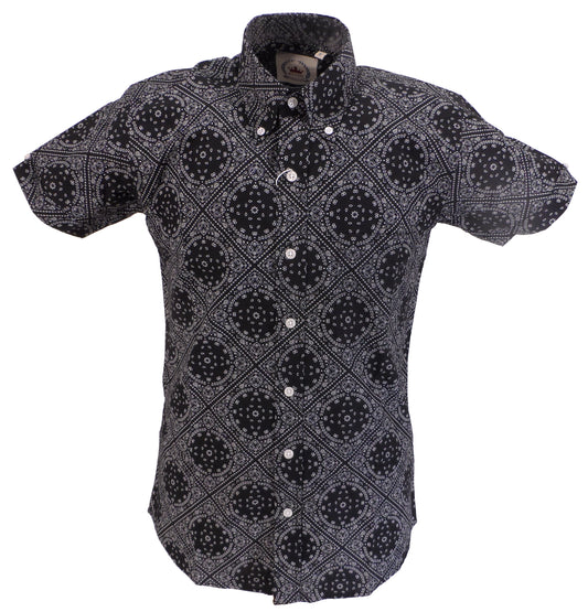 Relco Herren-Hemd im Retro-Stil mit Paisley-Muster, kurzärmelig, schwarz, mit Knöpfen