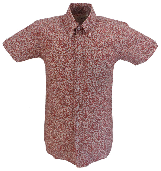 Relco Herre Bordeaux/Hvid Paisley Kortærmet Retro Mod Button Down Skjorte