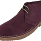 A burgundy real suede desert boot with two eyelet lacing and a vulcanised rubber sole.