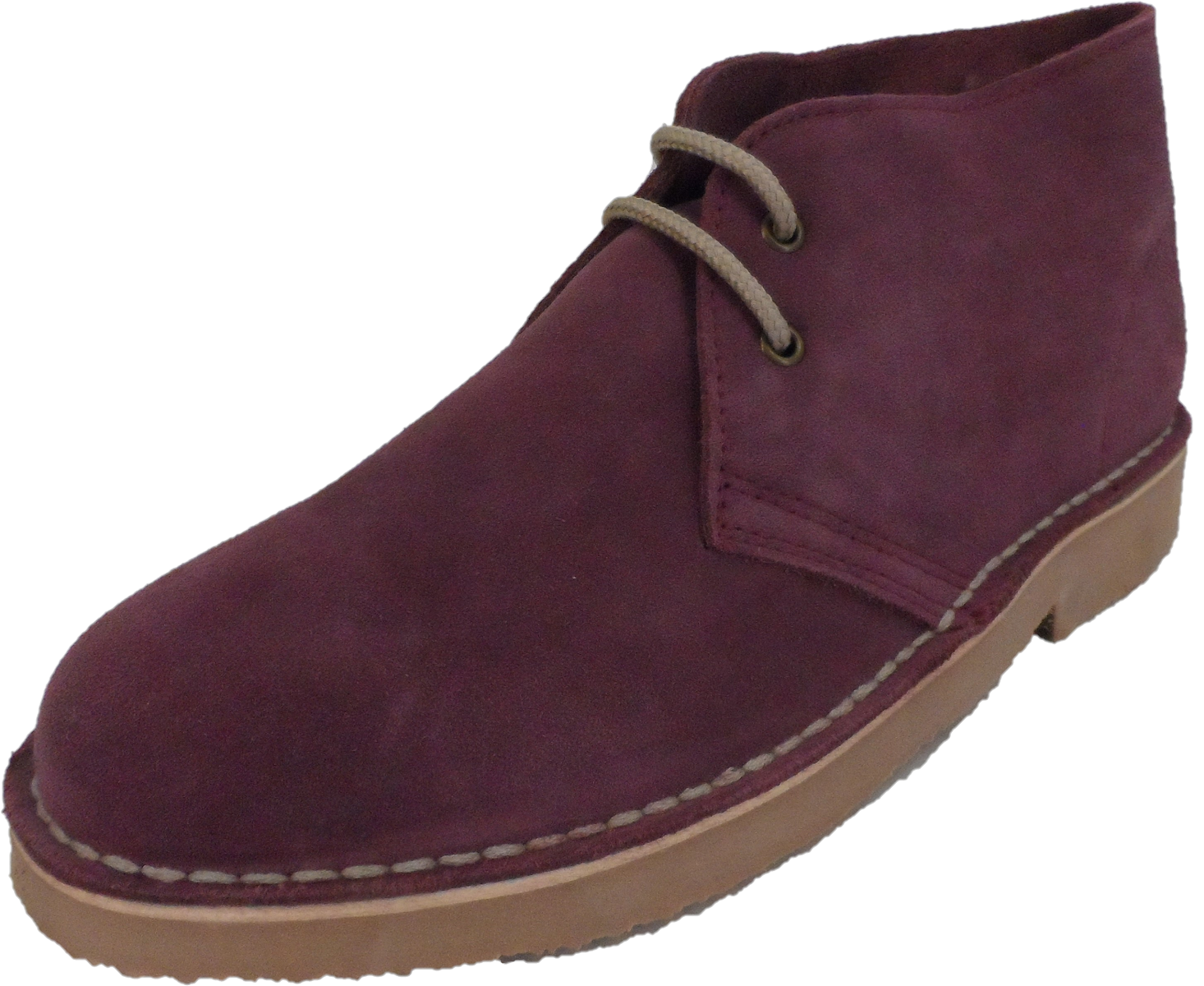 A burgundy real suede desert boot with two eyelet lacing and a vulcanised rubber sole.