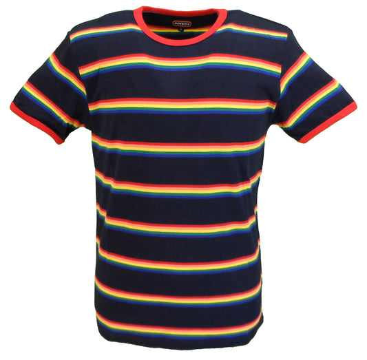 Run & Fly marineblå multi-ringer regnbuestribet t-shirt i bomuld