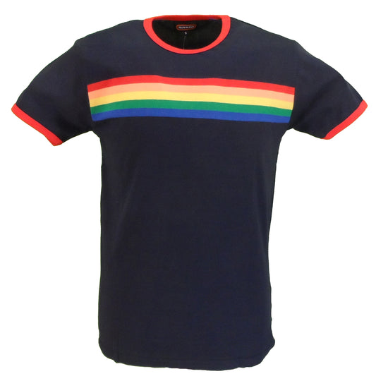 Run & Fly Herren-T-Shirt aus marineblauer Baumwolle im Retro-Stil der 60er Jahre mit Regenbogenstreifen