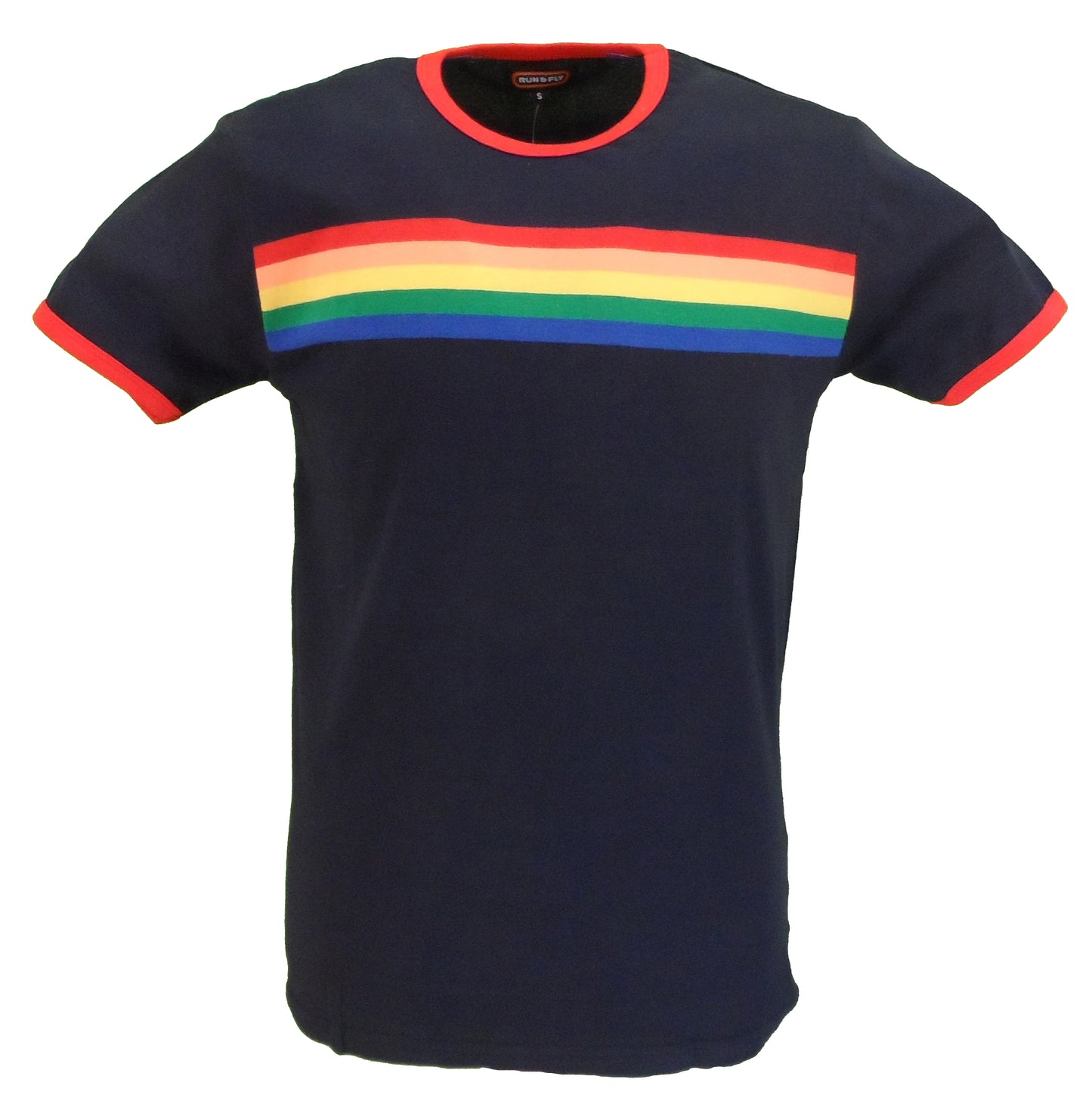 Run & Fly Mens Navy Retro Mod 60s Indie Rainbow Striped Cotton T-Shirt