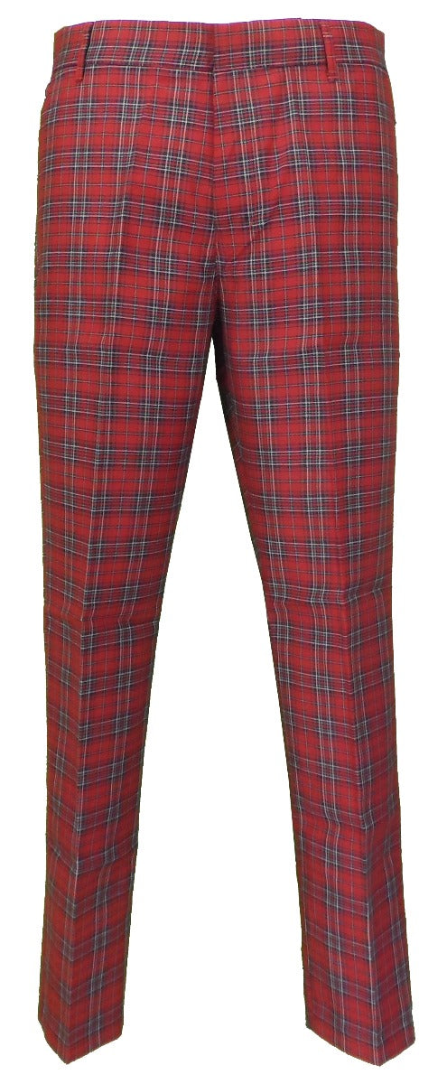 Run & Fly Mens 60s Vintage Retro Mod Checked Red Tartan Skinny Fit Trousers