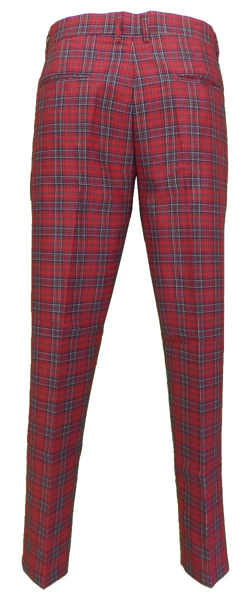 Run & Fly Mens 60s Vintage Retro Mod Checked Red Tartan Skinny Fit Trousers