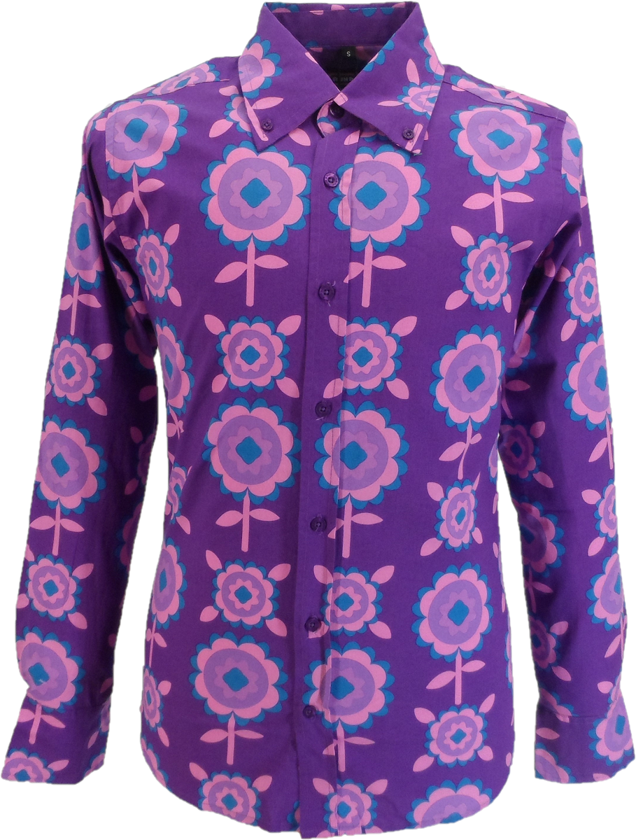 Mazeys Mens 60s 70s Retro Psychedelic Purple Flowered Shirt