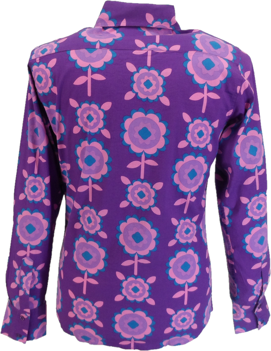 Mazeys Mens 60s 70s Retro Psychedelic Purple Flowered Shirt