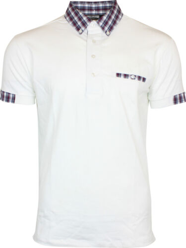 Relco Mens White Classic Mod Cloth Check Collar Polo Shirts
