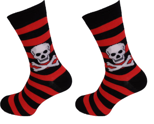 Ladies 2 Pair Red/White Striped Skull and Crossbone Socks