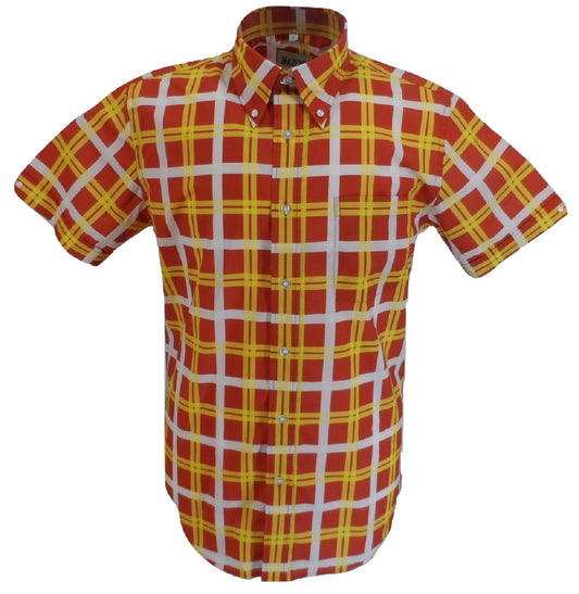 قمصان Mazeys الرجالية باللون الأحمر والأصفر والمربعات المصنوعة من القطن بنسبة 100% بأكمام قصيرة