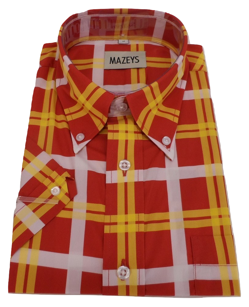 Mazeys Mens Brick Red Yellow Checked 100% Cotton Short Sleeved Shirts