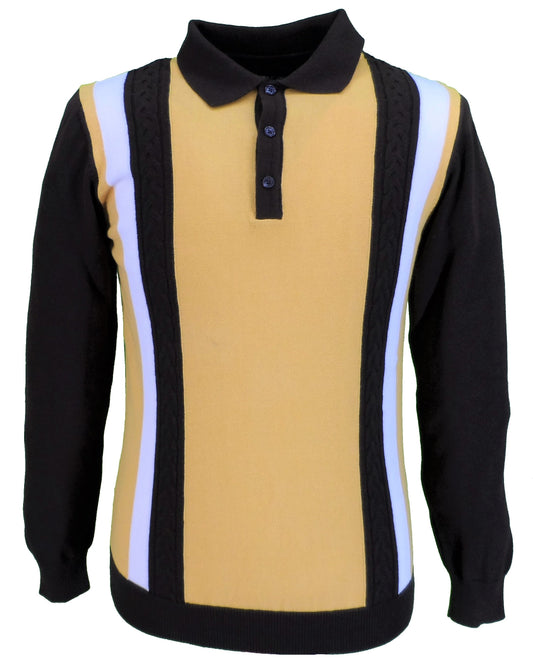 Ska & Soul Herren-Poloshirt aus braunem, gestreiftem Strickpullover mit Zopfmuster vorne