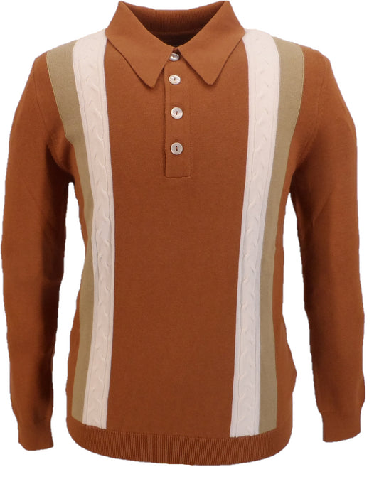 Ska & Soul Polo tricoté à pointe de lance rayé marron gingembre pour homme