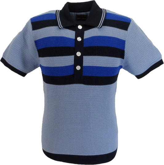 Ska & Soul Mens Sky Blue Striped Waffle Knited Polo Shirt